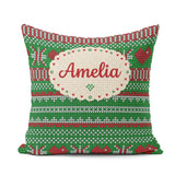 Custom Name Green Red White Classic Nordic Knit Seamless Pattern Square Filled Cushion Throw Pillow Sofa Bed Home Decor Zip Washable UK Made