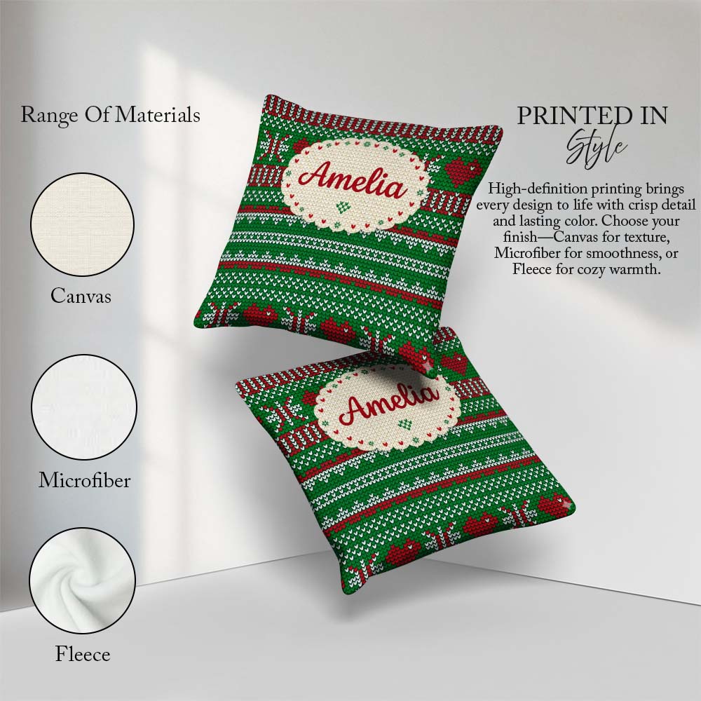 Custom Name Green Red White Classic Nordic Knit Seamless Pattern Square Filled Cushion Throw Pillow Sofa Bed Home Decor Zip Washable UK Made