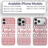 Minimal Red White Nordic Pixel Christmas Knit Custom Name Protective Phone Case Mobile Cover Durable Everyday Smartphone Shock Resistant