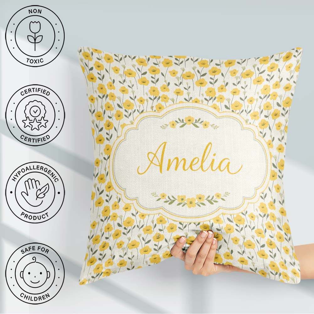 Custom Name Yellow Wildflower Seamless Pattern Minimal Botanical Square Filled Cushion Throw Pillow Sofa Bed Home Decor Zip Washable UK Made