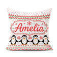 Custom Name White Red Green Nordic Penguin Knit Seamless Pattern Square Filled Cushion Throw Pillow Sofa Bed Home Decor Zip Washable UK Made