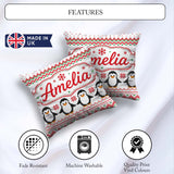 Custom Name White Red Green Nordic Penguin Knit Seamless Pattern Square Filled Cushion Throw Pillow Sofa Bed Home Decor Zip Washable UK Made