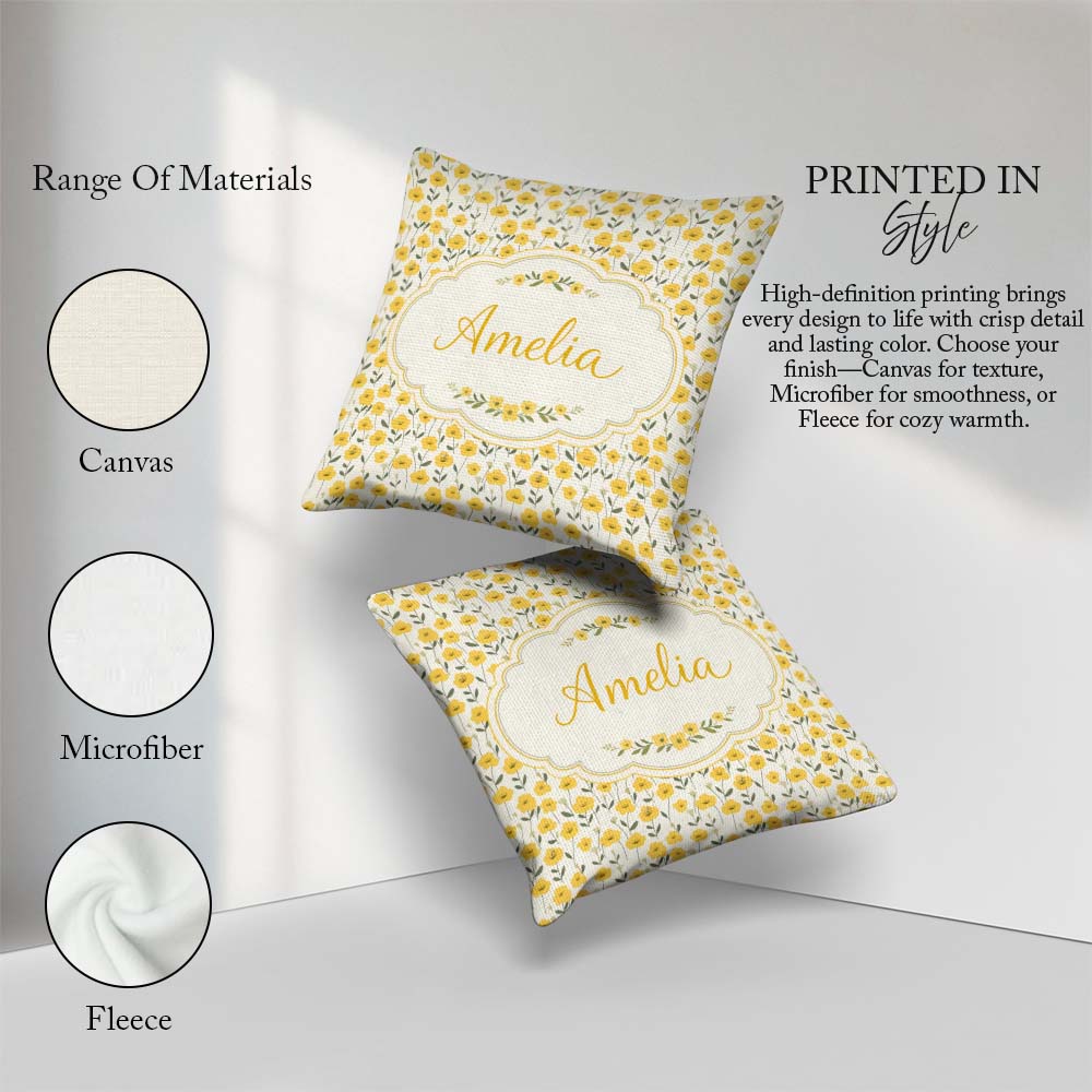 Custom Name Yellow Wildflower Seamless Pattern Minimal Botanical Square Filled Cushion Throw Pillow Sofa Bed Home Decor Zip Washable UK Made