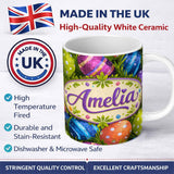 Personalized Custom Name Colourful Easter Eggs with Polka Dots and Stripes on Fresh Grass 11oz Ceramic Coffee Tea Mug White Large Handle