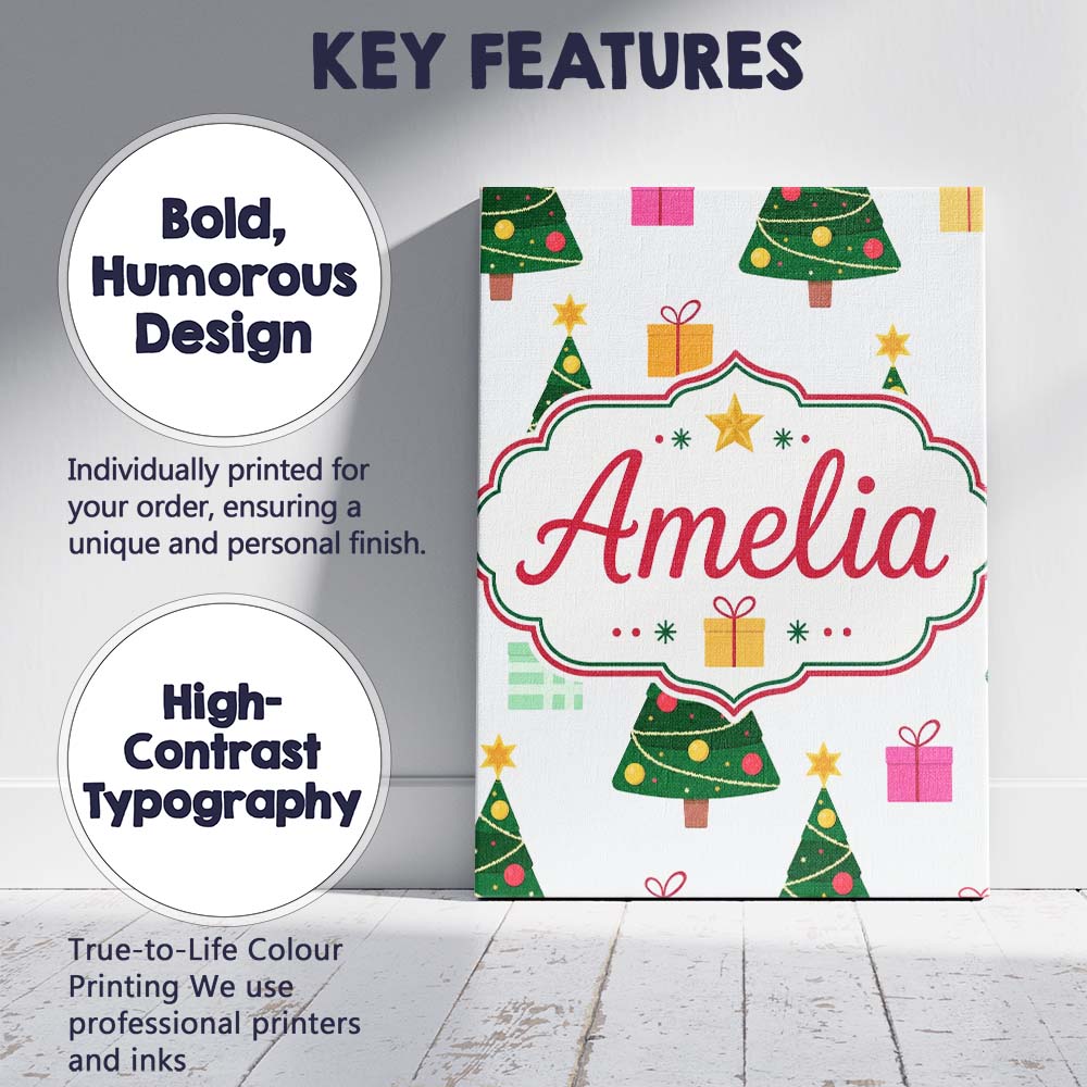 Personalised Name Cute Christmas Tree Custom  Unique Gift Idea Modern Room Accent Canvas Wall Art Print Decor Picture Ready to Hang