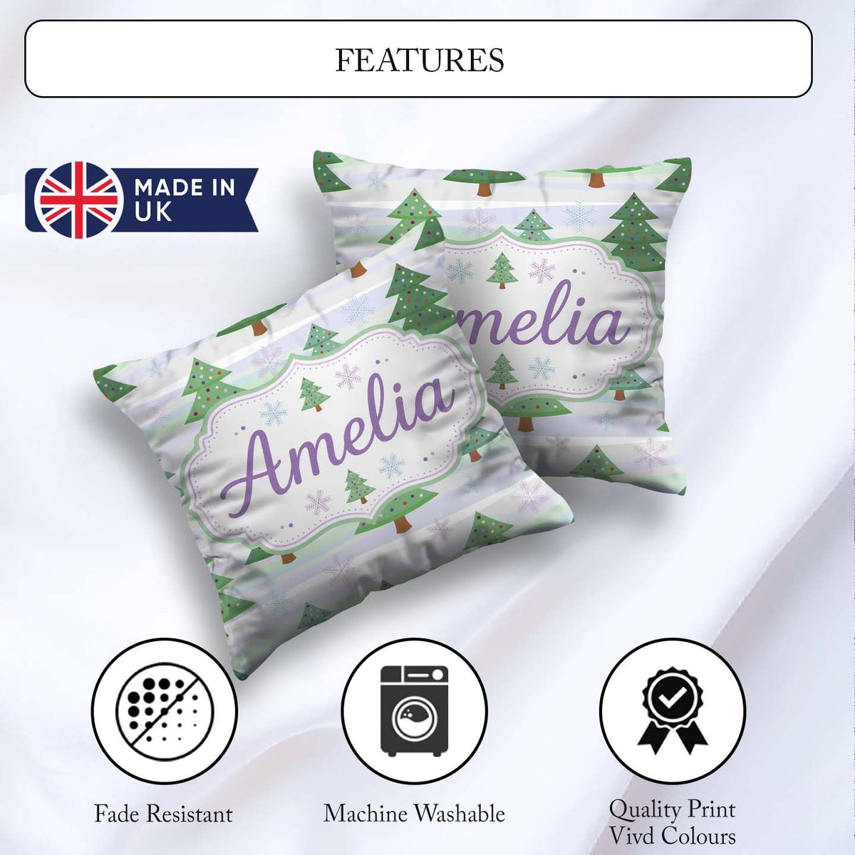 Custom Name Pastel Christmas Snowflake Winter Landscape Seamless Square Filled Cushion Throw Pillow Sofa Bed Home Decor Zip Washable UK Made