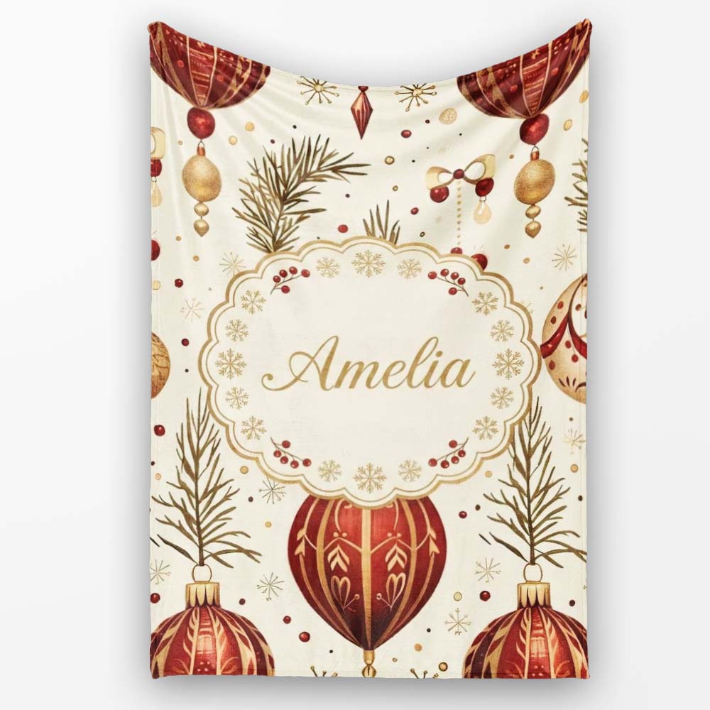 Elegant Red Gold Christmas Baubles Pine Branch Seamless Pattern  Personalised Custom Name Super Soft Fleece Blanket Bed Sofa Throw