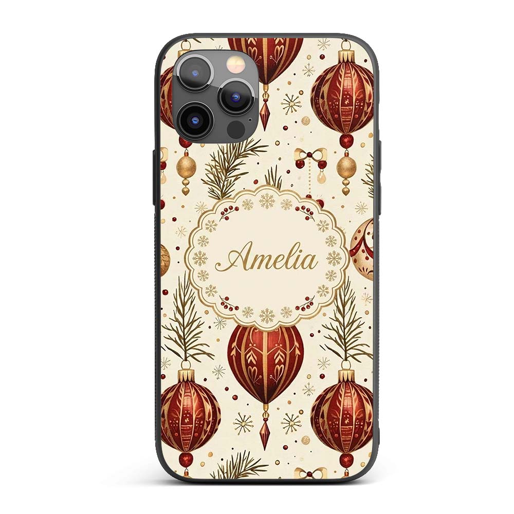 Elegant Red Gold Christmas Baubles Pine Branch Custom Name Protective Phone Case Mobile Cover Durable Everyday Smartphone Shock Resistant