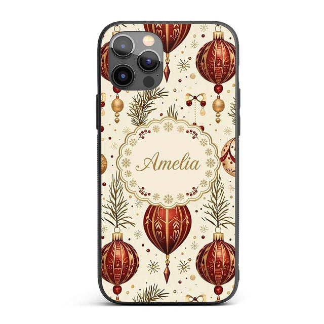 Elegant Red Gold Christmas Baubles Pine Branch Custom Name Protective Phone Case Mobile Cover Durable Everyday Smartphone Shock Resistant
