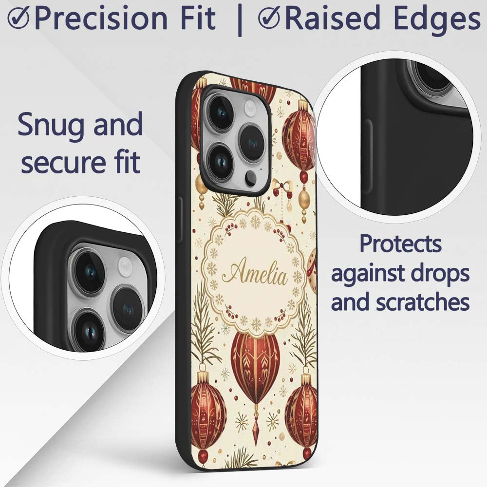 Elegant Red Gold Christmas Baubles Pine Branch Custom Name Protective Phone Case Mobile Cover Durable Everyday Smartphone Shock Resistant