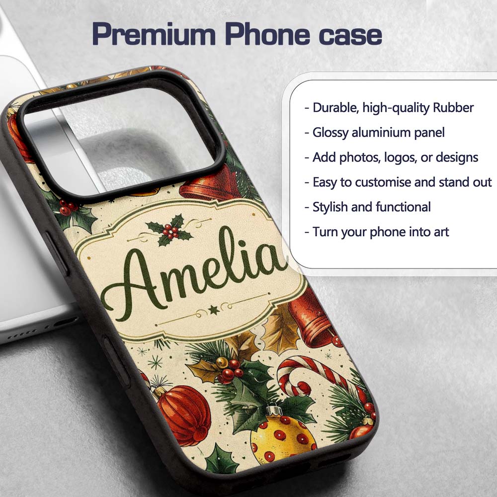 Vintage Christmas Holly Bell Ornament Botanical Custom Name Protective Phone Case Mobile Cover Durable Everyday Smartphone Shock Resistant