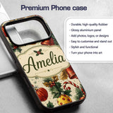 Vintage Christmas Holly Bell Ornament Botanical Custom Name Protective Phone Case Mobile Cover Durable Everyday Smartphone Shock Resistant