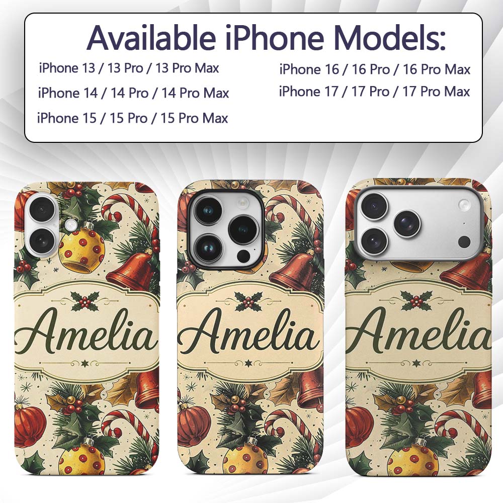 Vintage Christmas Holly Bell Ornament Botanical Custom Name Protective Phone Case Mobile Cover Durable Everyday Smartphone Shock Resistant