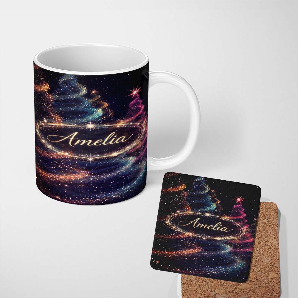 Personalized Custom Name Abstract Christmas Tree Lights Seamless Pattern Stylish Everyday Mug 11oz Ceramic Coffee Tea Mug White Large Handle