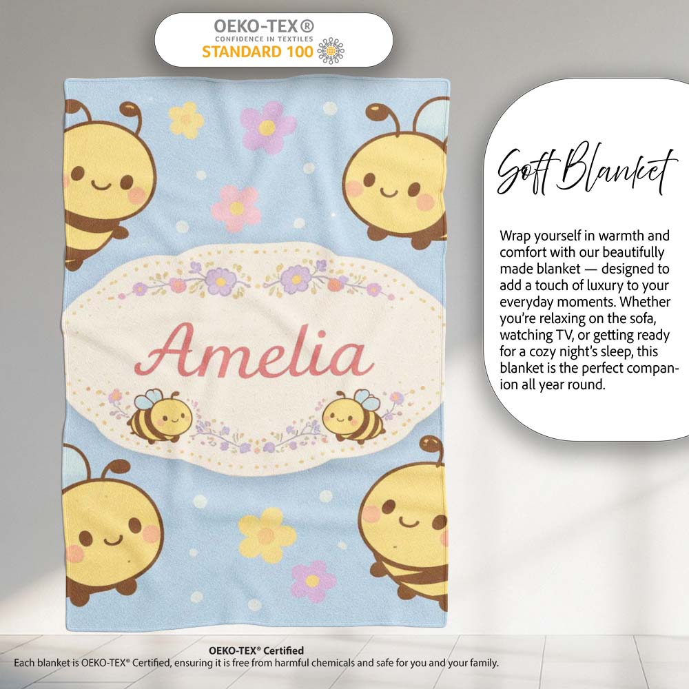 Cute Bee Flower Cartoon Animal Pattern Stylish Everyday  Lovely  Personalised Custom Name Super Soft Fleece Blanket Bed Sofa Throw