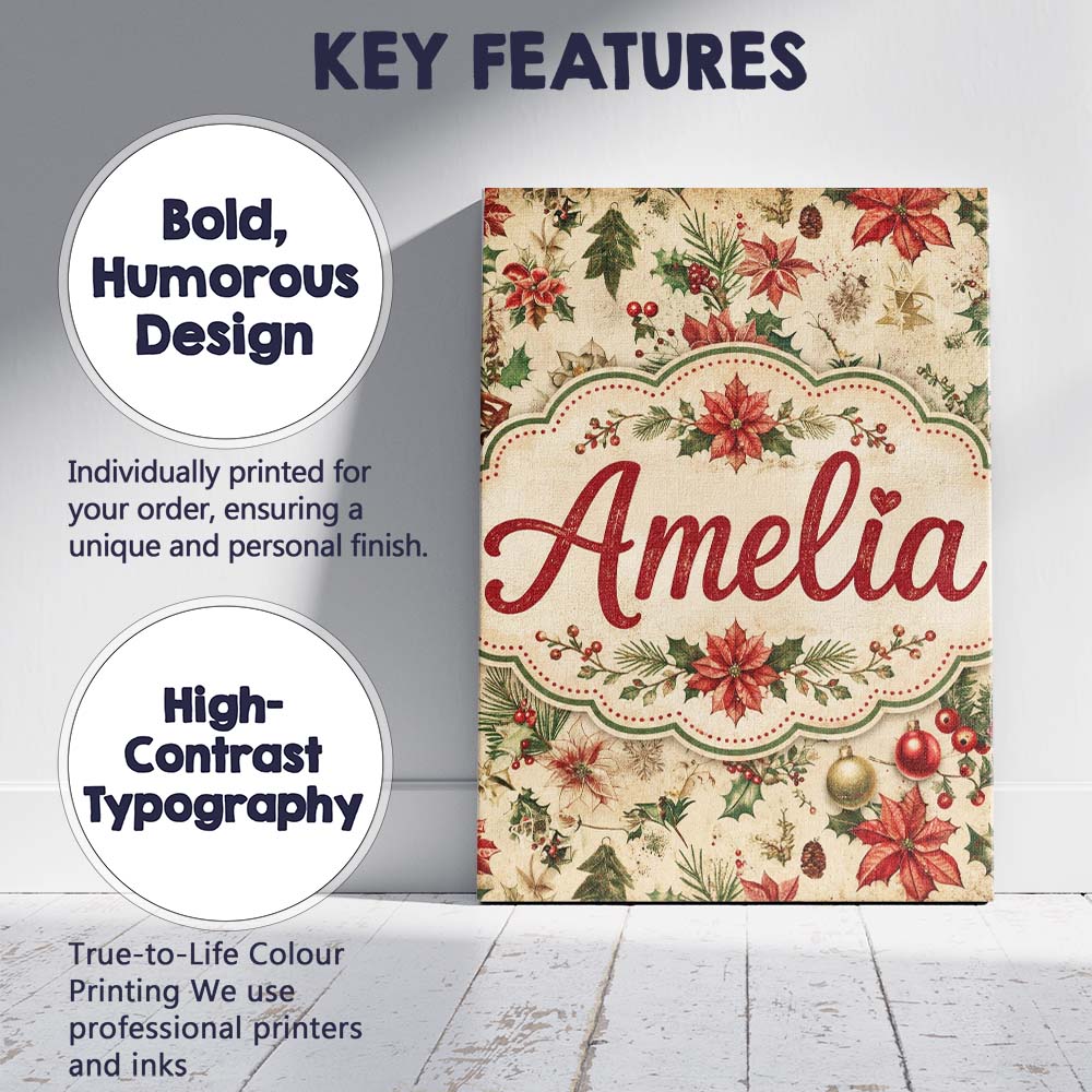 Personalised Name Festive Poinsettia Holly Custom  Unique Gift Idea Elegant Feature Canvas Wall Art Print Decor Picture Ready to Hang