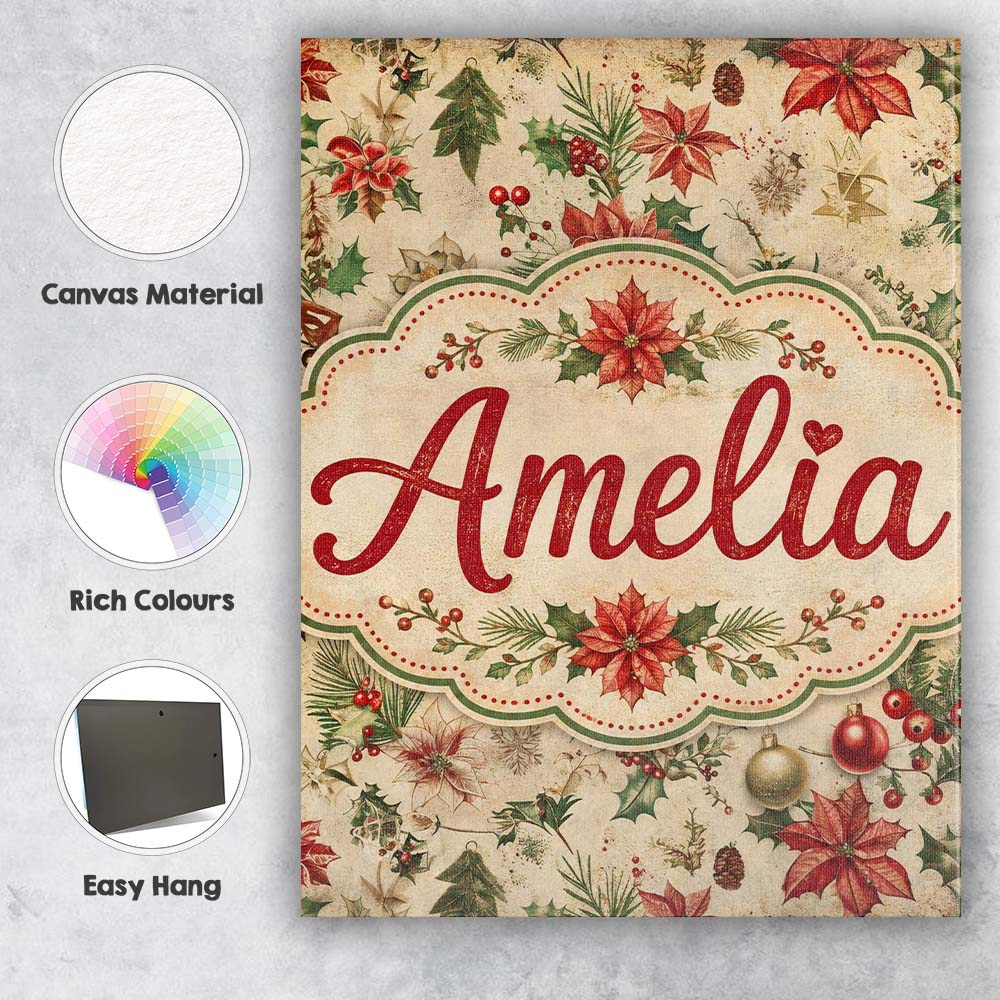 Personalised Name Festive Poinsettia Holly Custom  Unique Gift Idea Elegant Feature Canvas Wall Art Print Decor Picture Ready to Hang