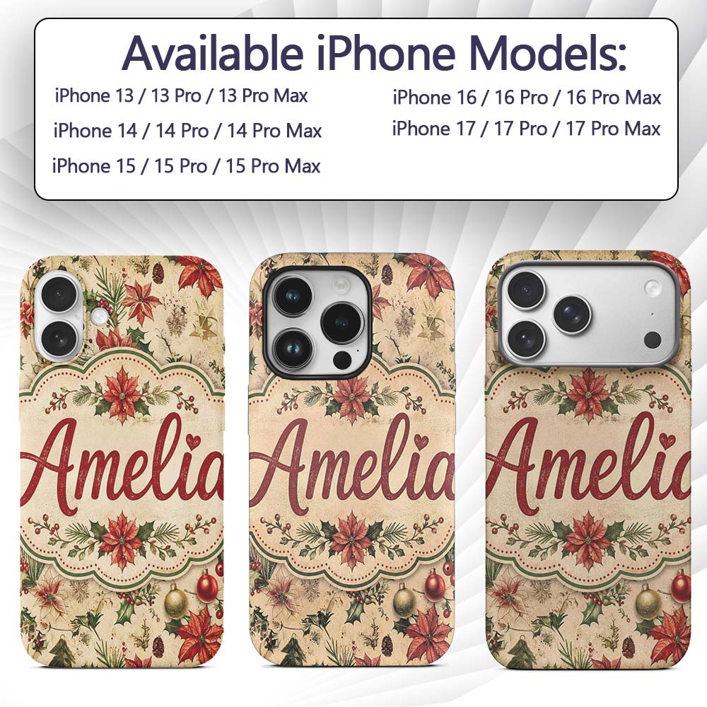 Festive Poinsettia Holly Berry Vintage Christmas Custom Name Protective Phone Case Mobile Cover Durable Everyday Smartphone Shock Resistant