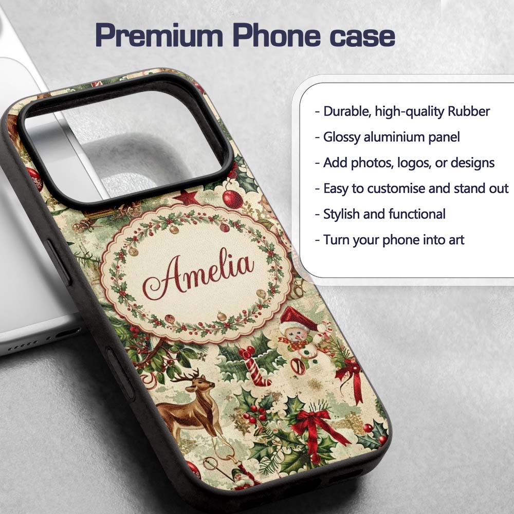 Classic Vintage Christmas Toys Tree Santa Festive Custom Name Protective Phone Case Mobile Cover Durable Everyday Smartphone Shock Resistant