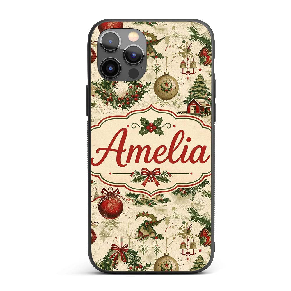 Rustic Christmas Wreath Bell Ornament Holiday Custom Name Protective Phone Case Mobile Cover Durable Everyday Smartphone Shock Resistant