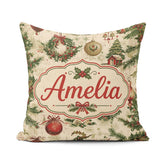 Custom Name Rustic Wreath Bell Ornament Holiday Seamless Pattern Square Filled Cushion Throw Pillow Sofa Bed Home Decor Zip Washable UK Made