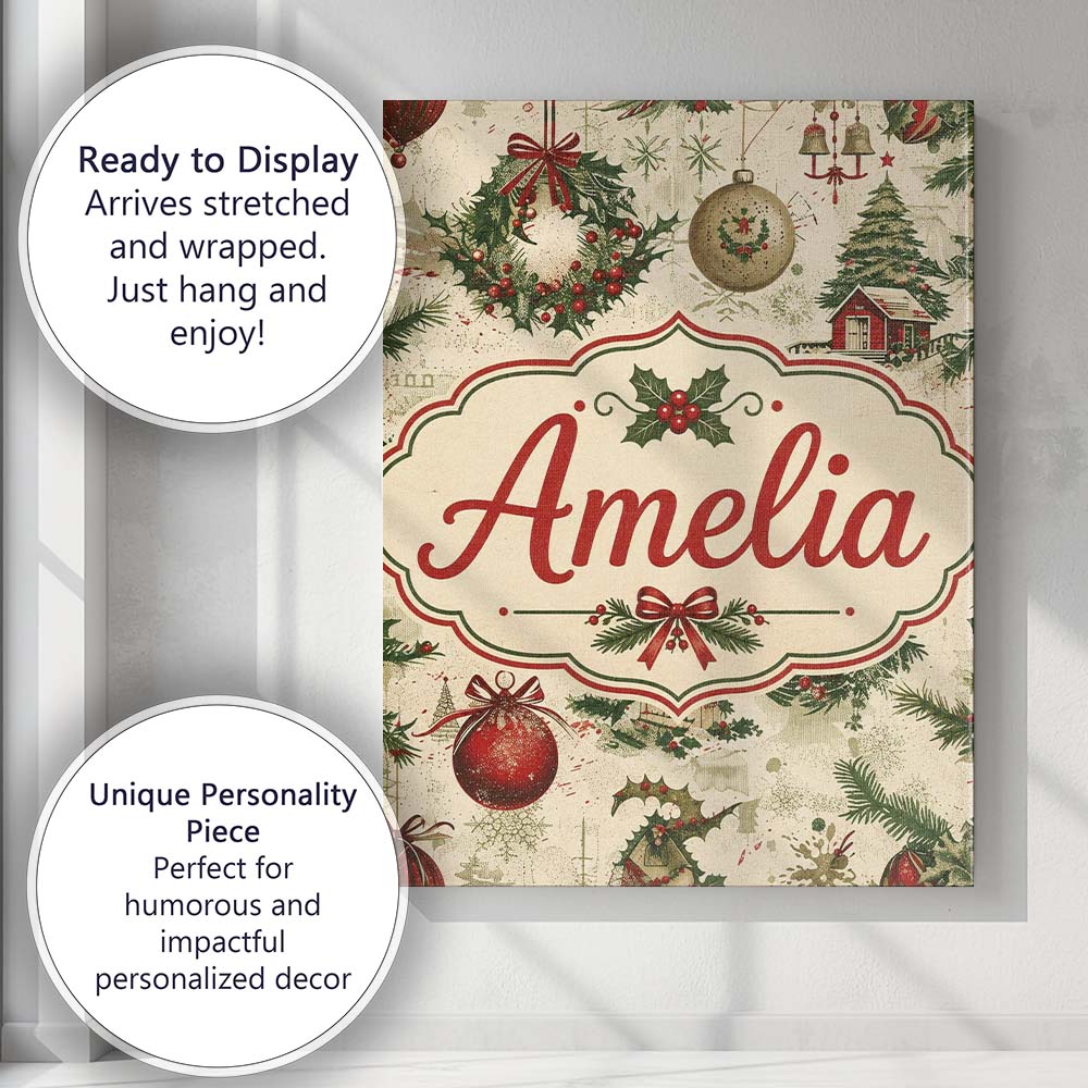 Personalised Name Rustic Christmas Wreath Custom  Unique Gift Idea Elegant Feature Canvas Wall Art Print Decor Picture Ready to Hang