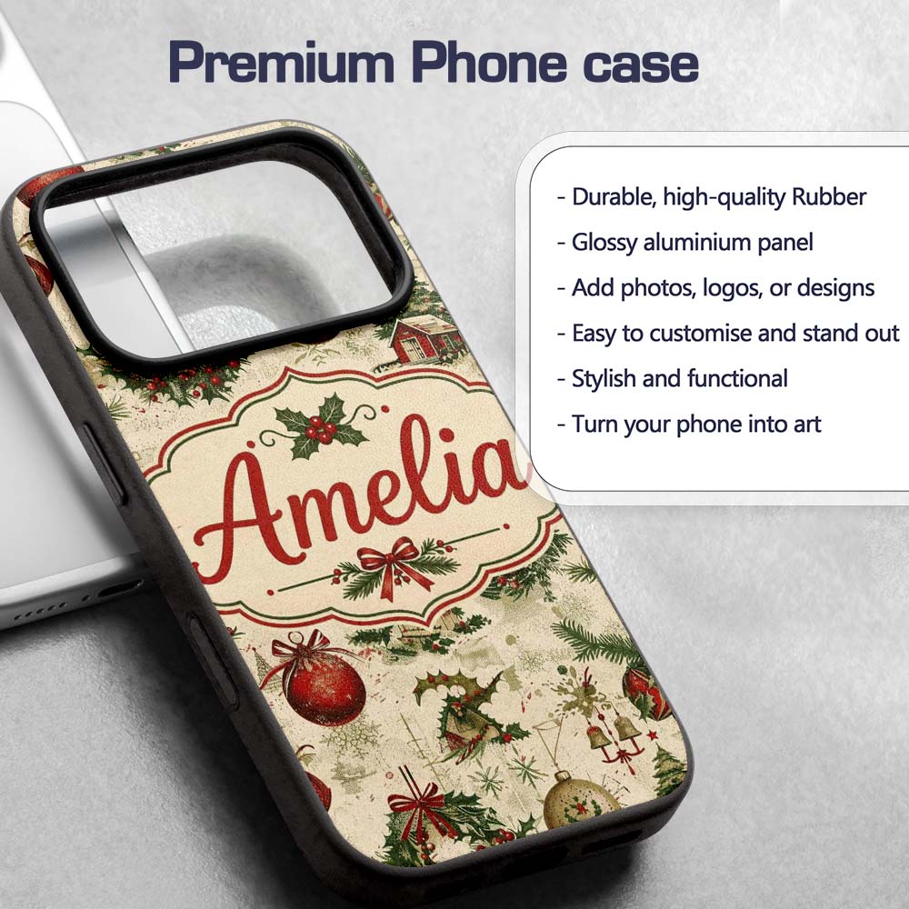 Rustic Christmas Wreath Bell Ornament Holiday Custom Name Protective Phone Case Mobile Cover Durable Everyday Smartphone Shock Resistant