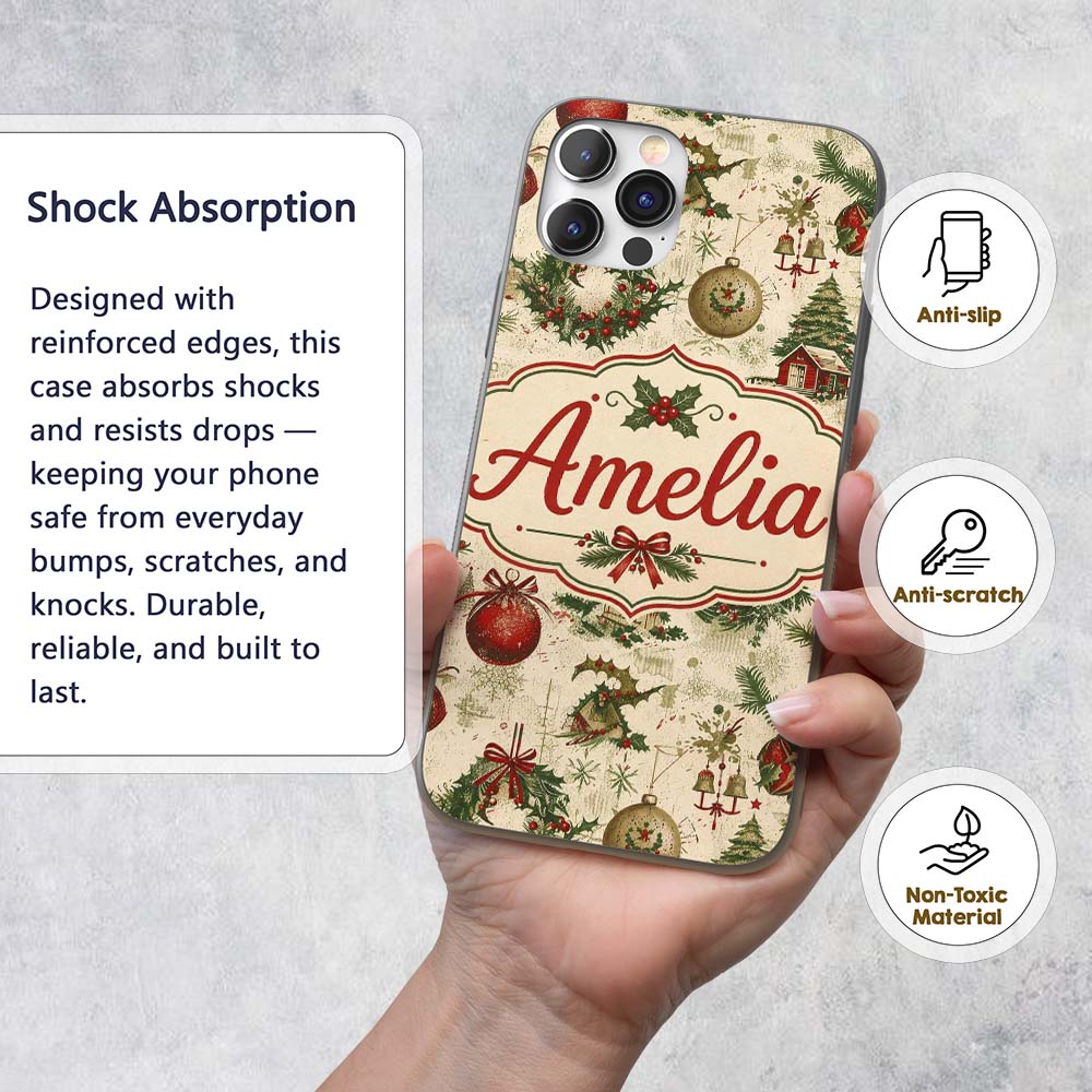 Rustic Christmas Wreath Bell Ornament Holiday Custom Name Protective Phone Case Mobile Cover Durable Everyday Smartphone Shock Resistant