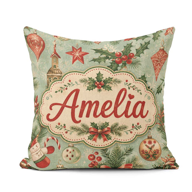 Custom Name Christmas Ornament Snowman Festive Seamless Pattern Square Filled Cushion Throw Pillow Sofa Bed Home Decor Zip Washable UK Made