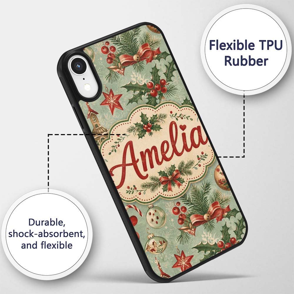 Christmas Ornament Holly Snowman Festive Seamless Custom Name Protective Phone Case Mobile Cover Durable Everyday Smartphone Shock Resistant