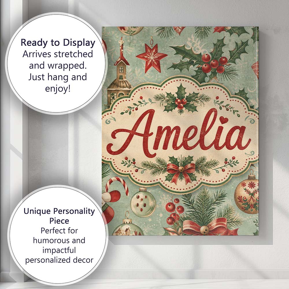 Personalised Name Christmas Ornament Holly Custom  Unique Gift Idea Elegant Feature Canvas Wall Art Print Decor Picture Ready to Hang