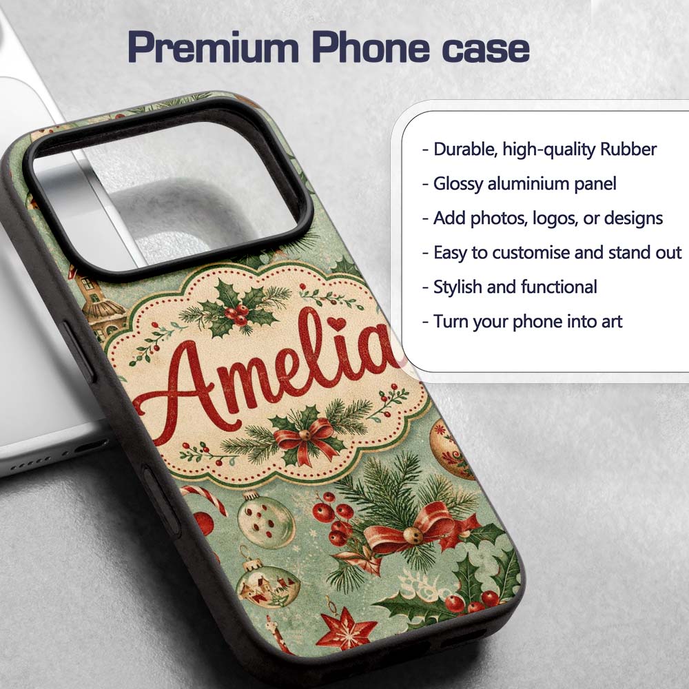 Christmas Ornament Holly Snowman Festive Seamless Custom Name Protective Phone Case Mobile Cover Durable Everyday Smartphone Shock Resistant