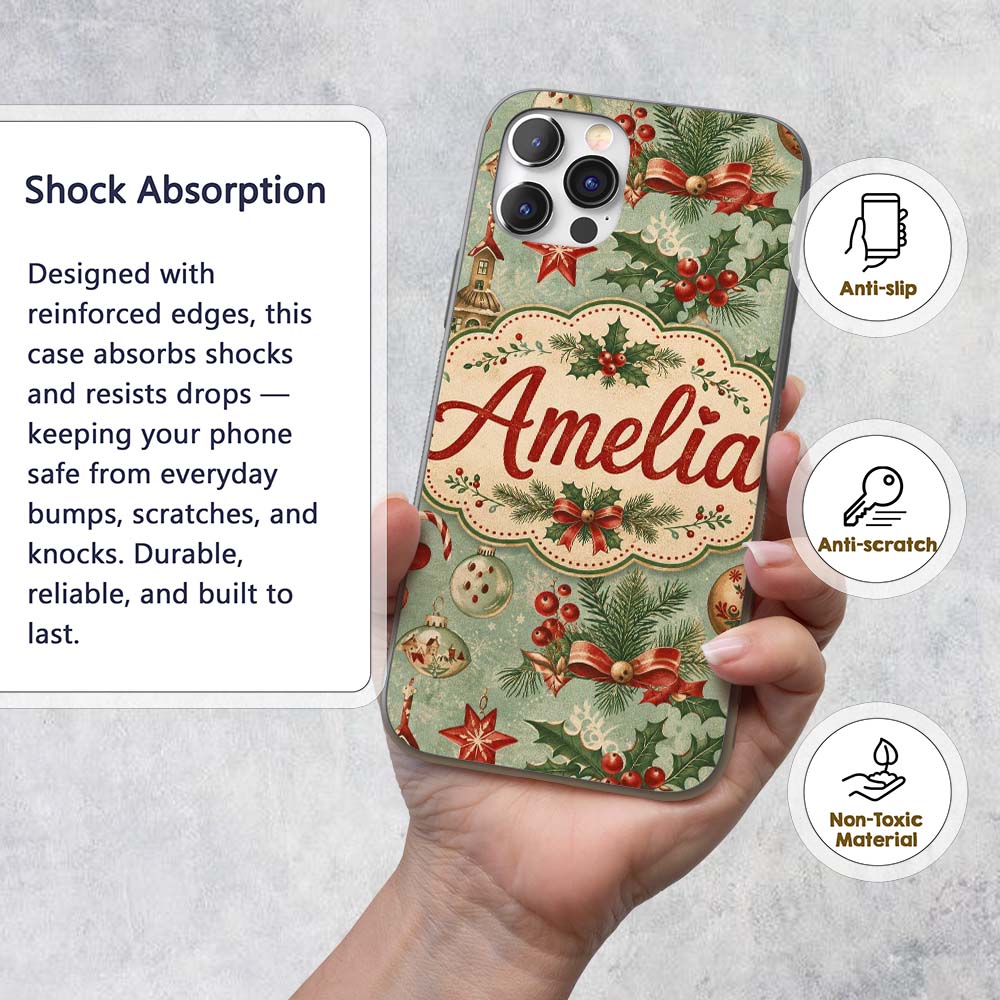 Christmas Ornament Holly Snowman Festive Seamless Custom Name Protective Phone Case Mobile Cover Durable Everyday Smartphone Shock Resistant