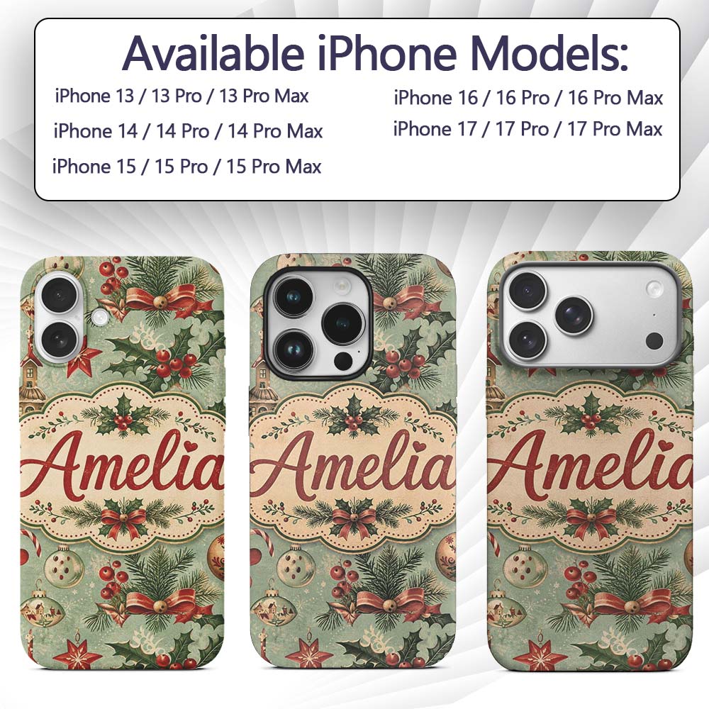 Christmas Ornament Holly Snowman Festive Seamless Custom Name Protective Phone Case Mobile Cover Durable Everyday Smartphone Shock Resistant