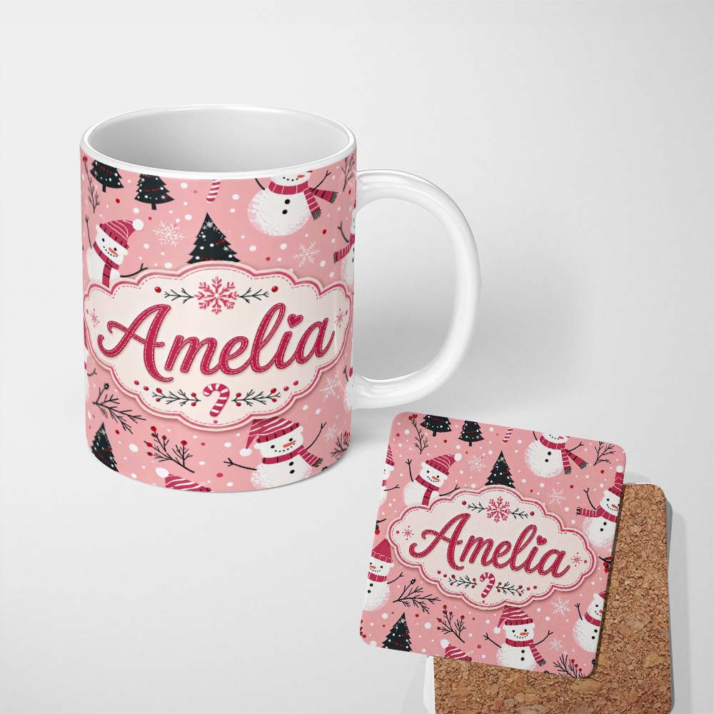 Personalized Custom Name Cute Snowman Candy Cane Christmas Tree Seamless Pattern Lovely 11oz Ceramic Coffee Tea Mug White Large Handle