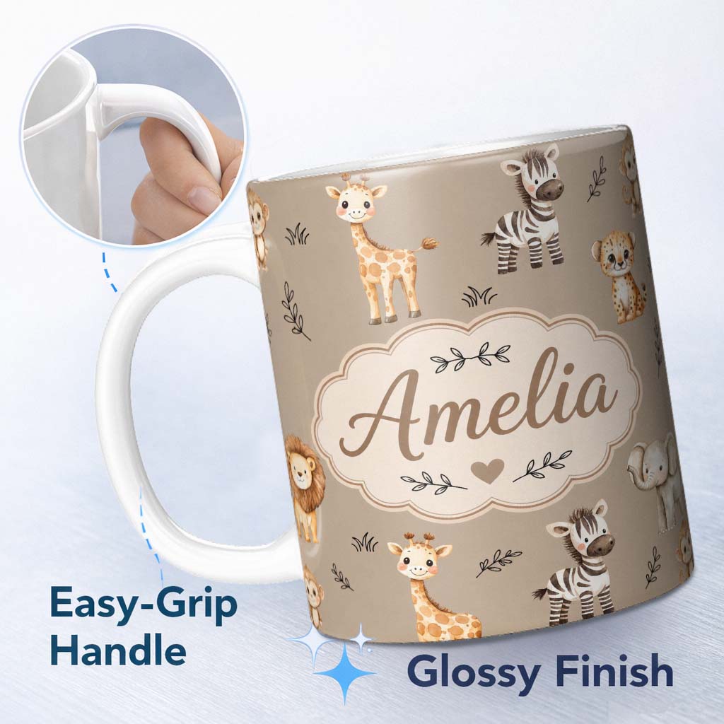 Personalized Custom Name Safari Animals with Elephant Lion and Leopard Cub on Warm Beige 11oz Ceramic Coffee Tea Mug White Large Handle