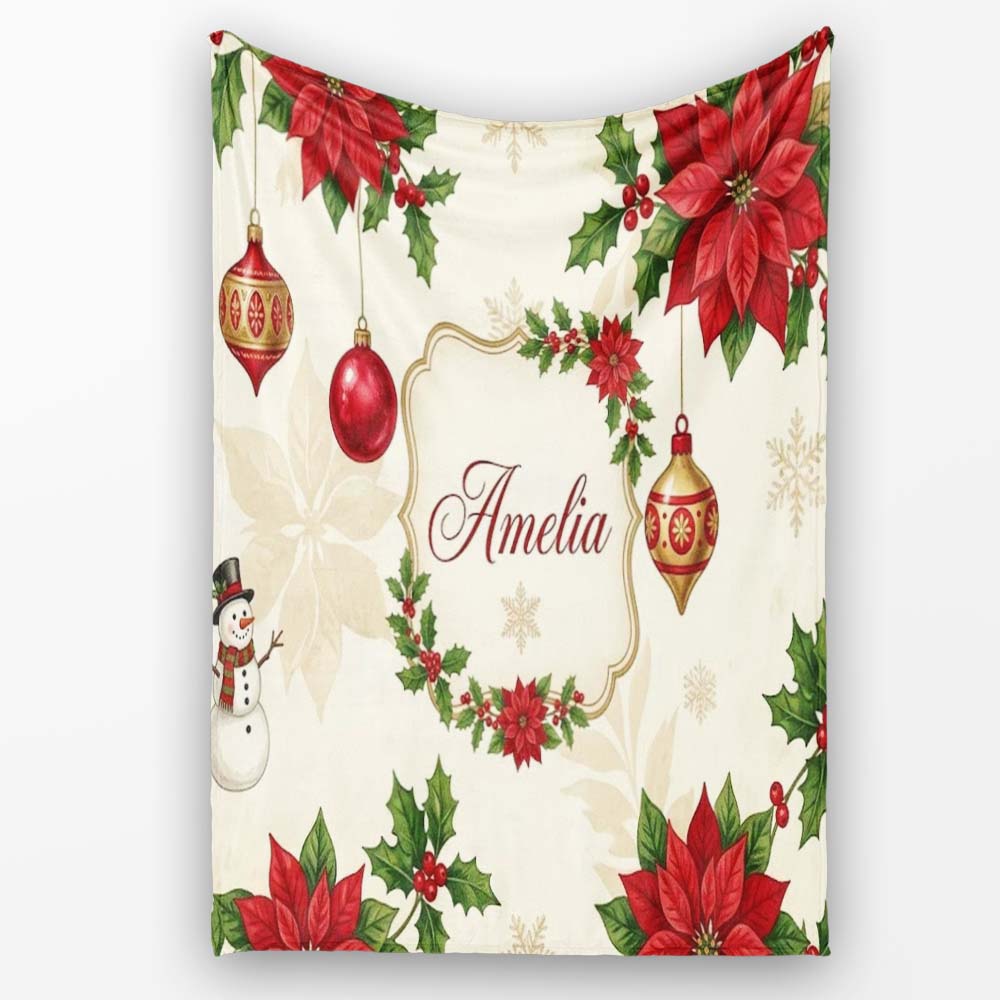 Vintage Christmas Floral Holly Ornament Festive Seamless Pattern  Personalised Custom Name Super Soft Fleece Blanket Bed Sofa Throw