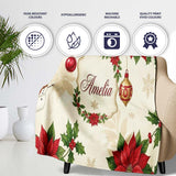 Vintage Christmas Floral Holly Ornament Festive Seamless Pattern  Personalised Custom Name Super Soft Fleece Blanket Bed Sofa Throw