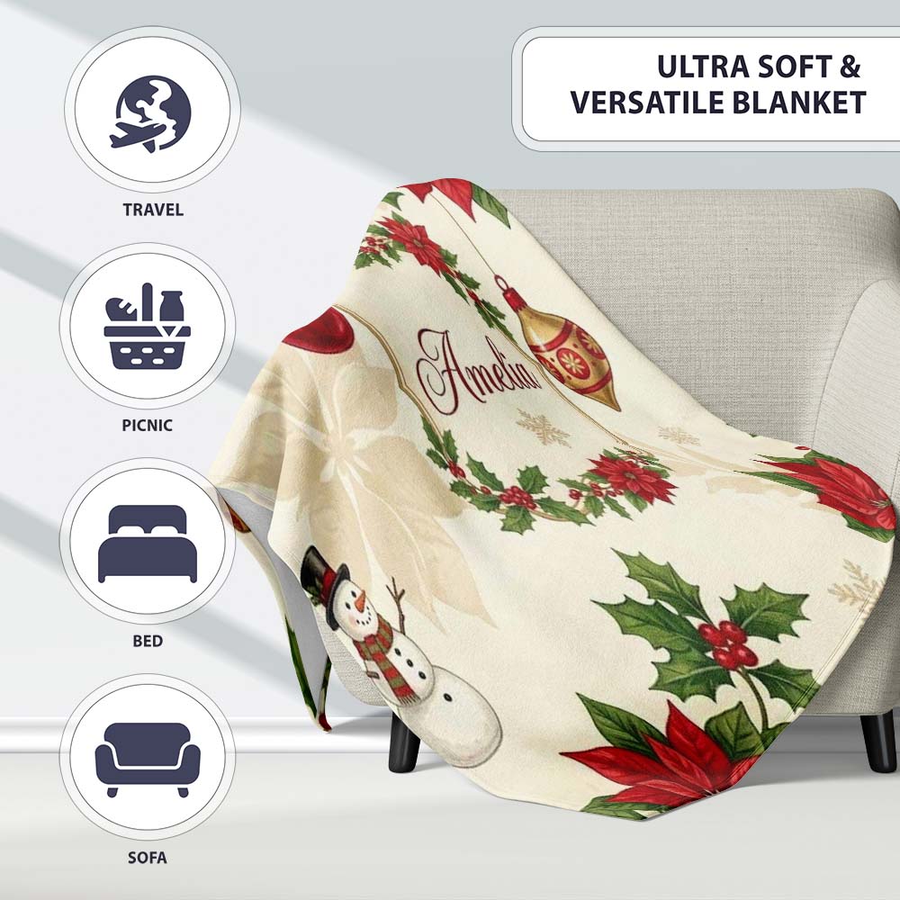 Vintage Christmas Floral Holly Ornament Festive Seamless Pattern  Personalised Custom Name Super Soft Fleece Blanket Bed Sofa Throw