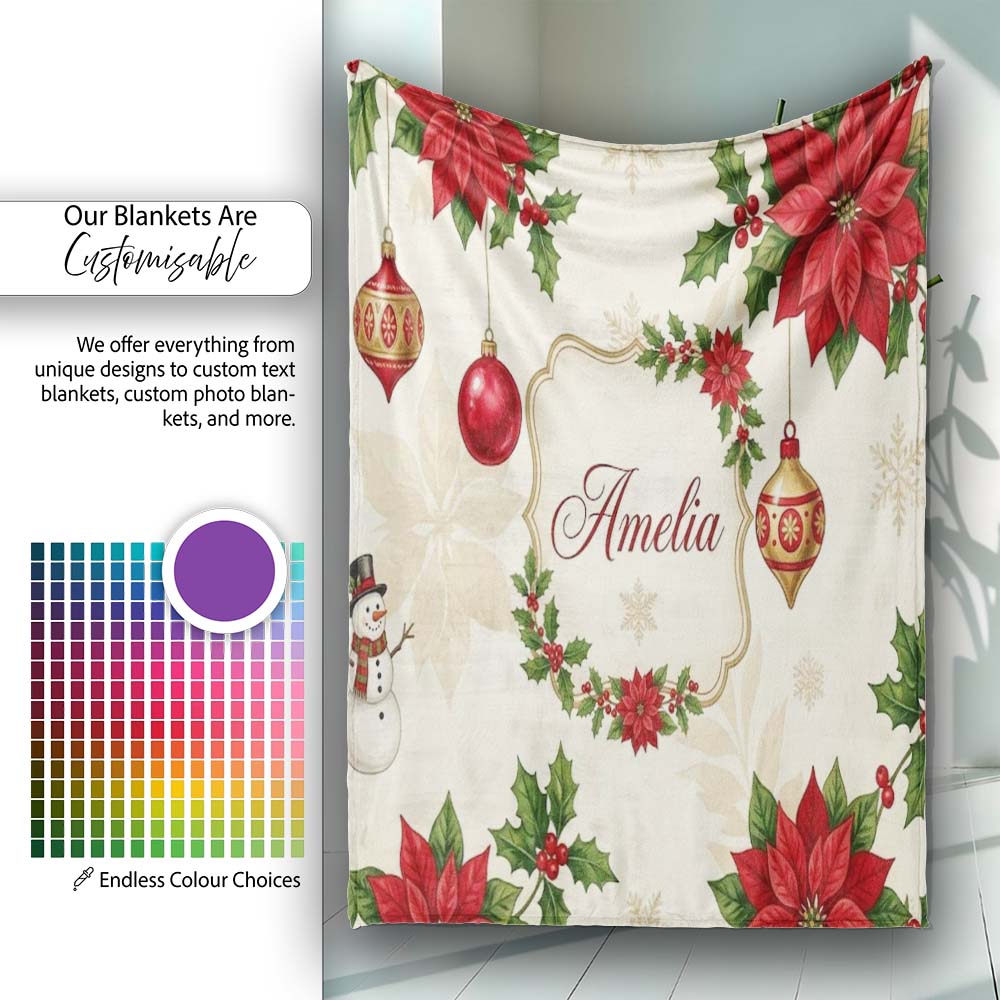 Vintage Christmas Floral Holly Ornament Festive Seamless Pattern  Personalised Custom Name Super Soft Fleece Blanket Bed Sofa Throw