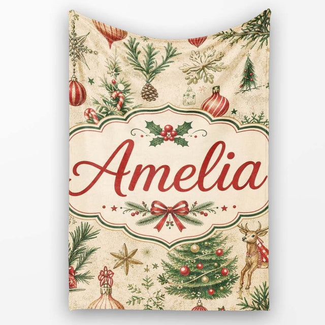 Vintage Christmas Reindeer Tree Ornament Woodland Seamless Pattern  Personalised Custom Name Super Soft Fleece Blanket Bed Sofa Throw