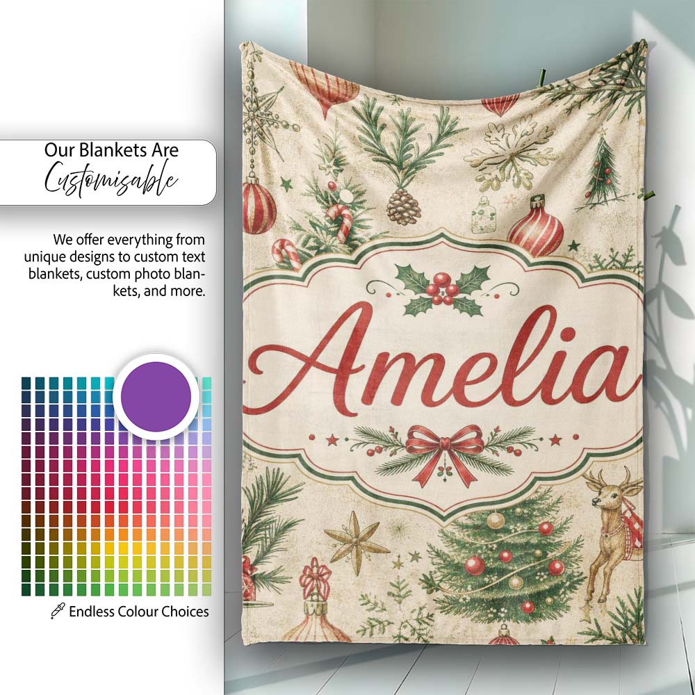 Vintage Christmas Reindeer Tree Ornament Woodland Seamless Pattern  Personalised Custom Name Super Soft Fleece Blanket Bed Sofa Throw