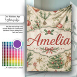Vintage Christmas Reindeer Tree Ornament Woodland Seamless Pattern  Personalised Custom Name Super Soft Fleece Blanket Bed Sofa Throw