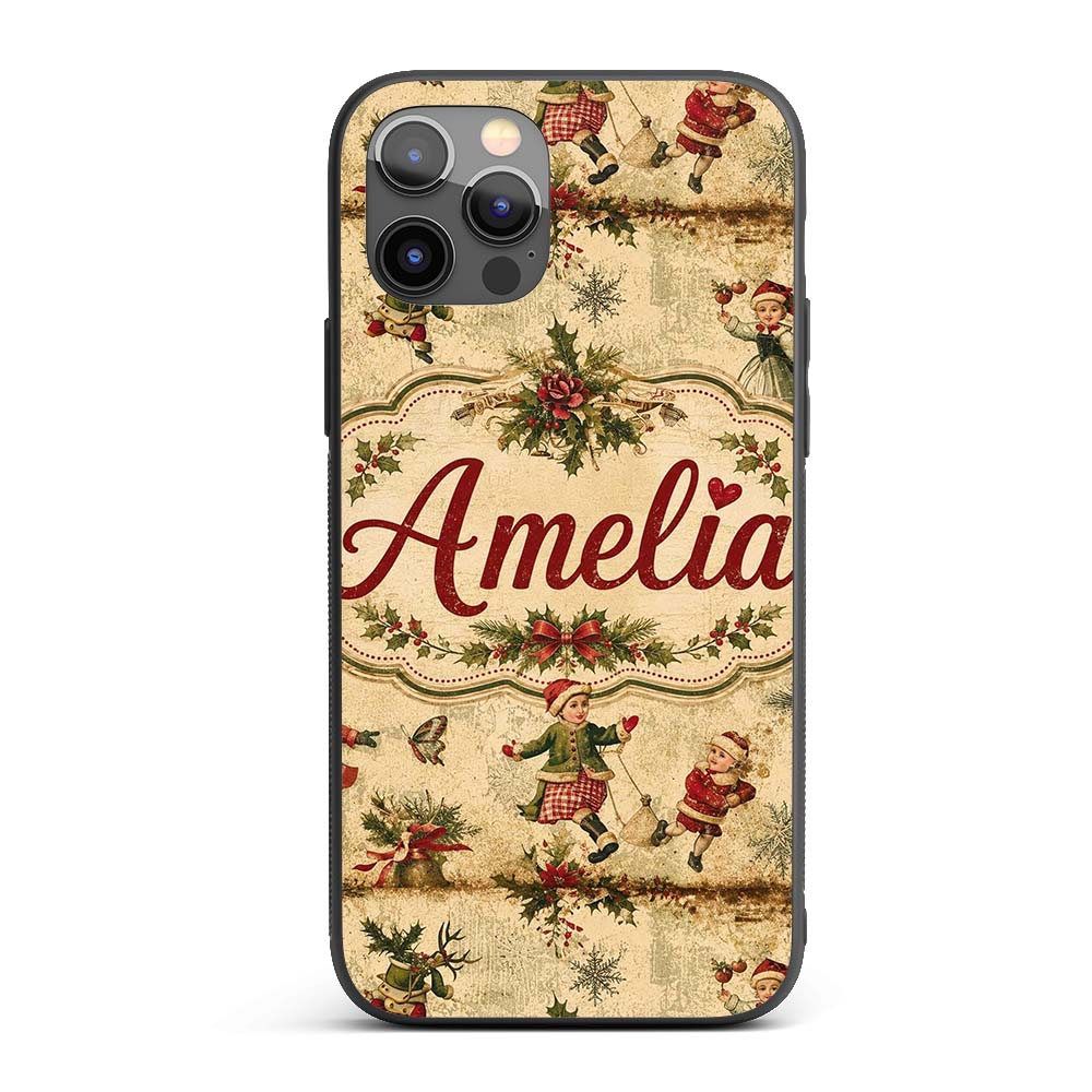 Vintage Christmas Children Tree Holiday Festive Custom Name Protective Phone Case Mobile Cover Durable Everyday Smartphone Shock Resistant