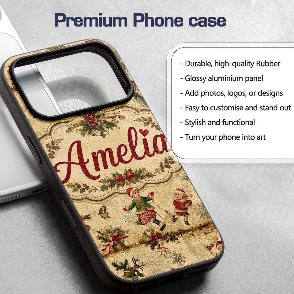 Vintage Christmas Children Tree Holiday Festive Custom Name Protective Phone Case Mobile Cover Durable Everyday Smartphone Shock Resistant
