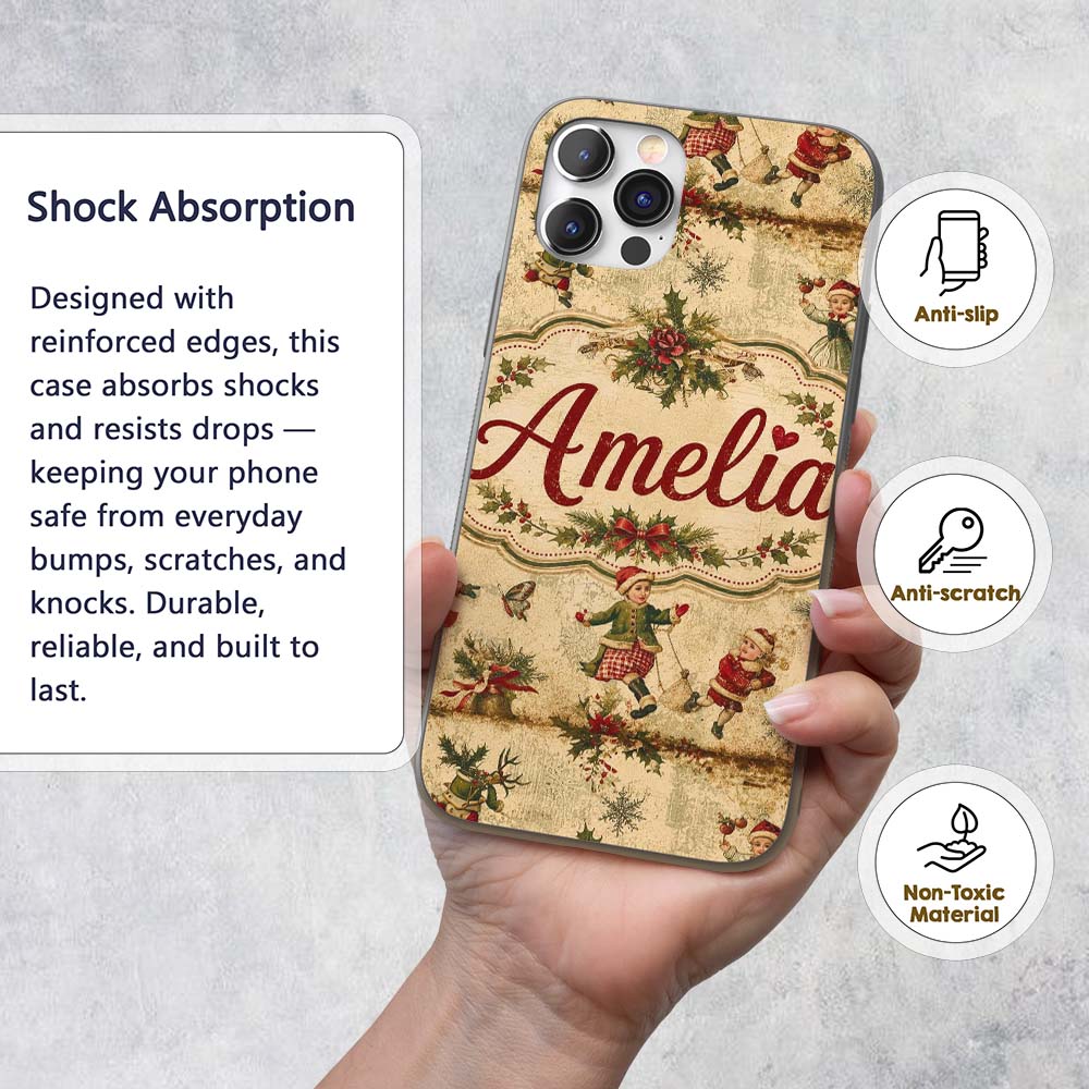 Vintage Christmas Children Tree Holiday Festive Custom Name Protective Phone Case Mobile Cover Durable Everyday Smartphone Shock Resistant
