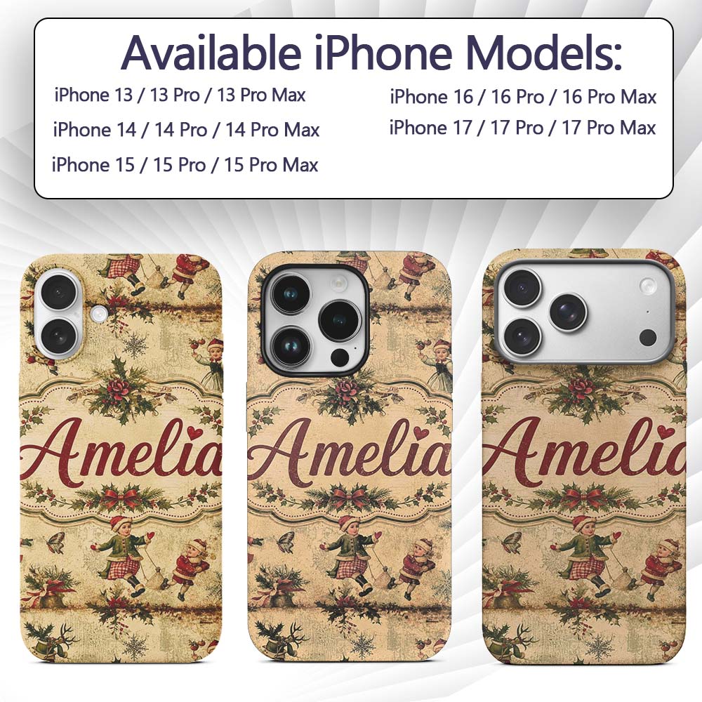 Vintage Christmas Children Tree Holiday Festive Custom Name Protective Phone Case Mobile Cover Durable Everyday Smartphone Shock Resistant