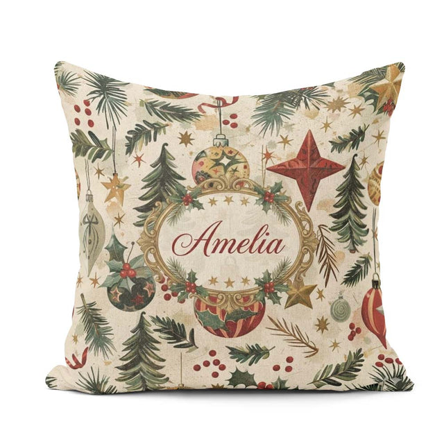 Custom Name Christmas Ornament Star Pine Branch Festive Seamless Square Filled Cushion Throw Pillow Sofa Bed Home Decor Zip Washable UK Made