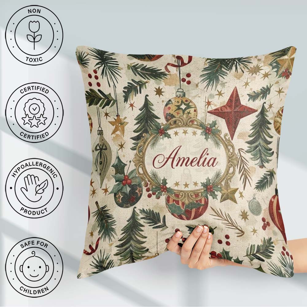 Custom Name Christmas Ornament Star Pine Branch Festive Seamless Square Filled Cushion Throw Pillow Sofa Bed Home Decor Zip Washable UK Made