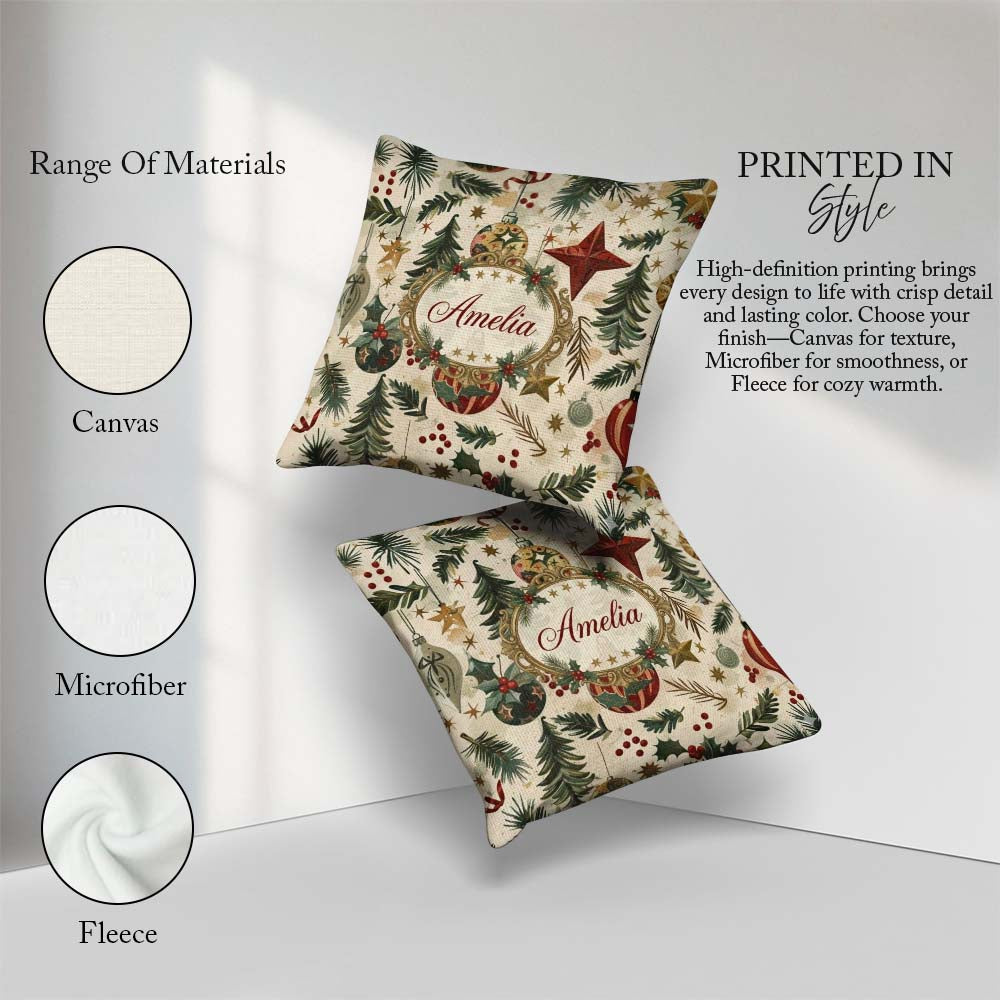 Custom Name Christmas Ornament Star Pine Branch Festive Seamless Square Filled Cushion Throw Pillow Sofa Bed Home Decor Zip Washable UK Made